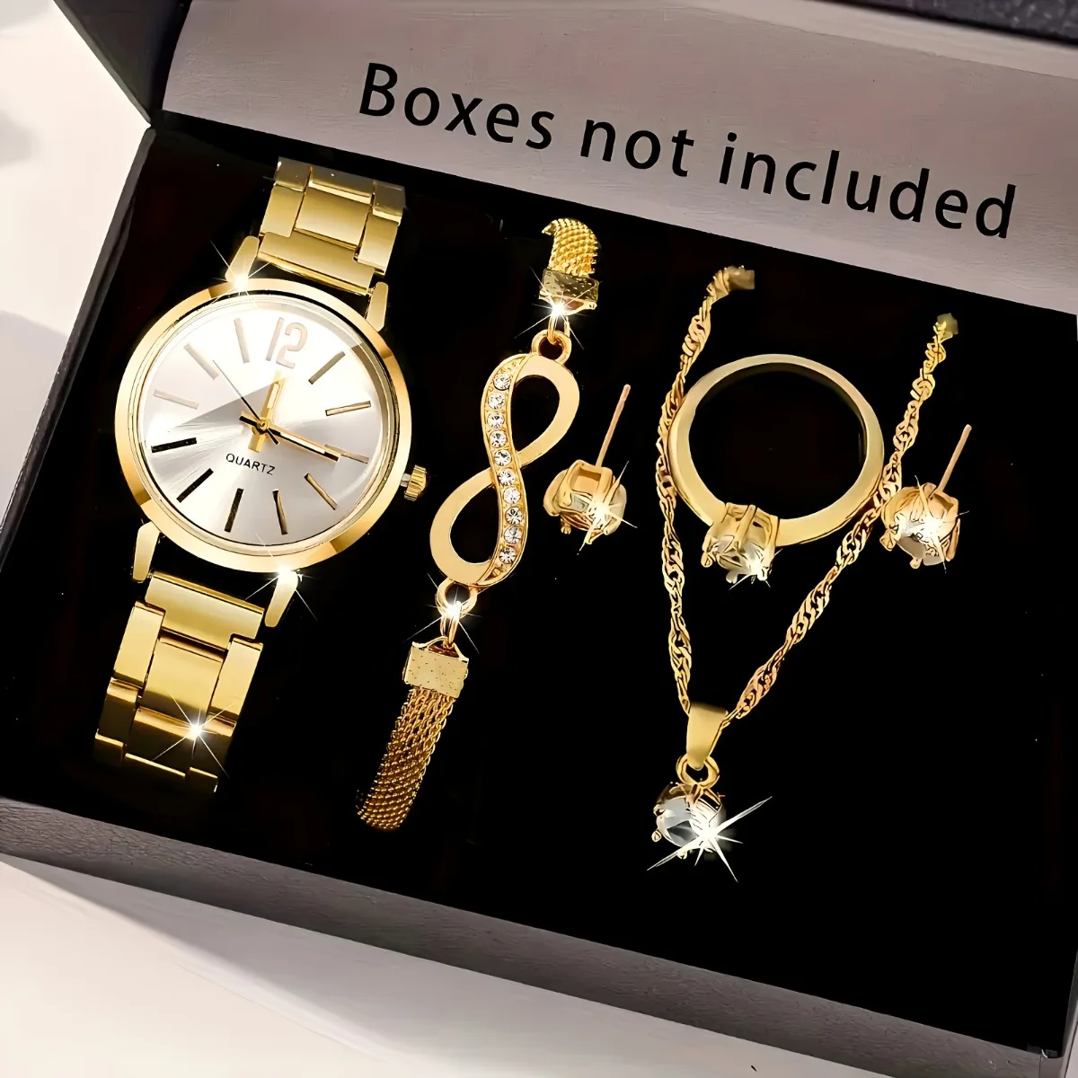 Ensemble de bijoux pour femmes, 6 pièces, montre à quartz tendance + bracelet infini en cristal, collier, boucles d'oreilles, bague pour dames (sans boîte)