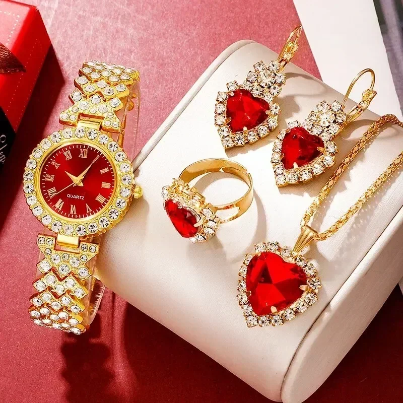 Montre de Luxe Dorée pour Femme, Ensemble de Bijoux, Bague, Collier, Boucles d'Oreilles, Strass, à la Mode, Décontractée – Image 2