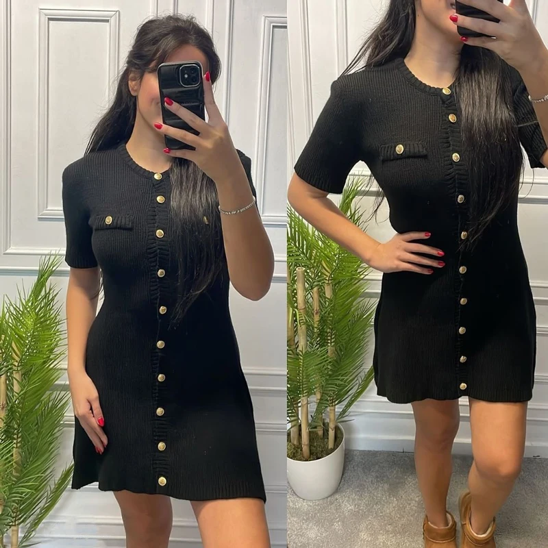 Mini robe tricotée blanche élégante pour femmes, bouton en métal, Sexy, Slim, pull côtelé, tenues de fête de vacances, nouvelle collection automne 2024 – Image 4