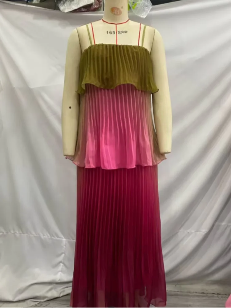 Robe longue plissée multicolore chic pour femme, élégante, à fines bretelles, volants superposés, fluide, style Vestidos, tenue de vacances d'été 2026 pour femme – Image 6