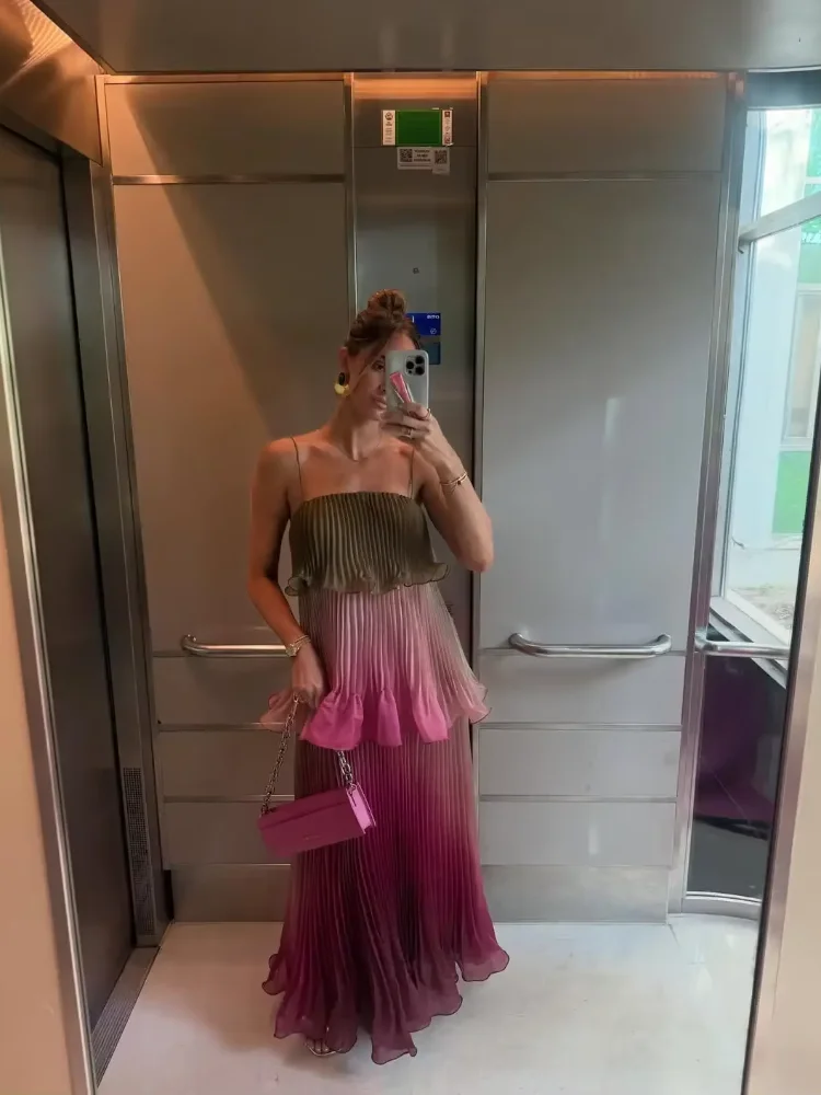Robe longue plissée multicolore chic pour femme, élégante, à fines bretelles, volants superposés, fluide, style Vestidos, tenue de vacances d'été 2026 pour femme – Image 7
