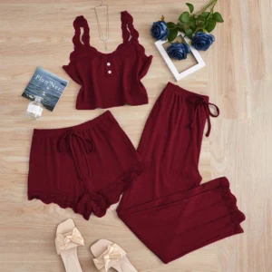 Ensemble de pyjamas 3 pièces pour femmes, vêtements de nuit, débardeur uni, shorts et pantalon, avec empiècements en dentelle, pour la maison et les loisirs