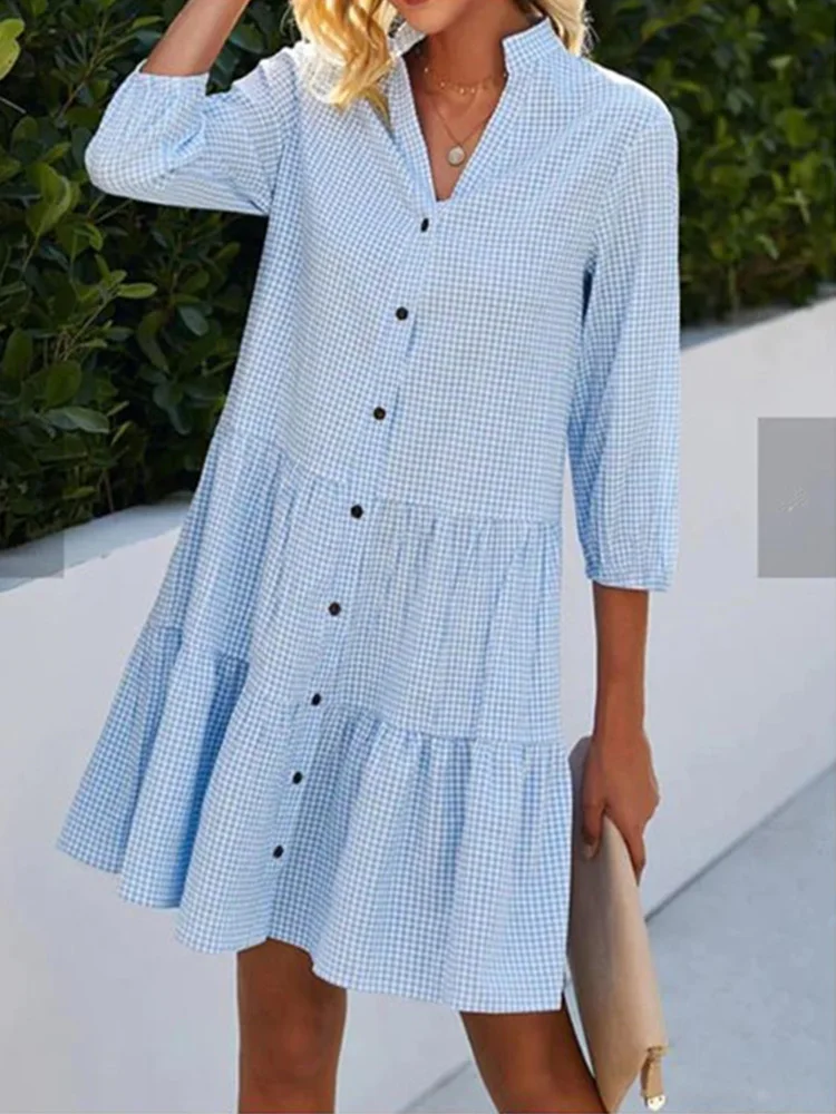 Mini robe à carreaux légère pour femmes, robes de style chemise, manches longues, col en V, printemps, automne