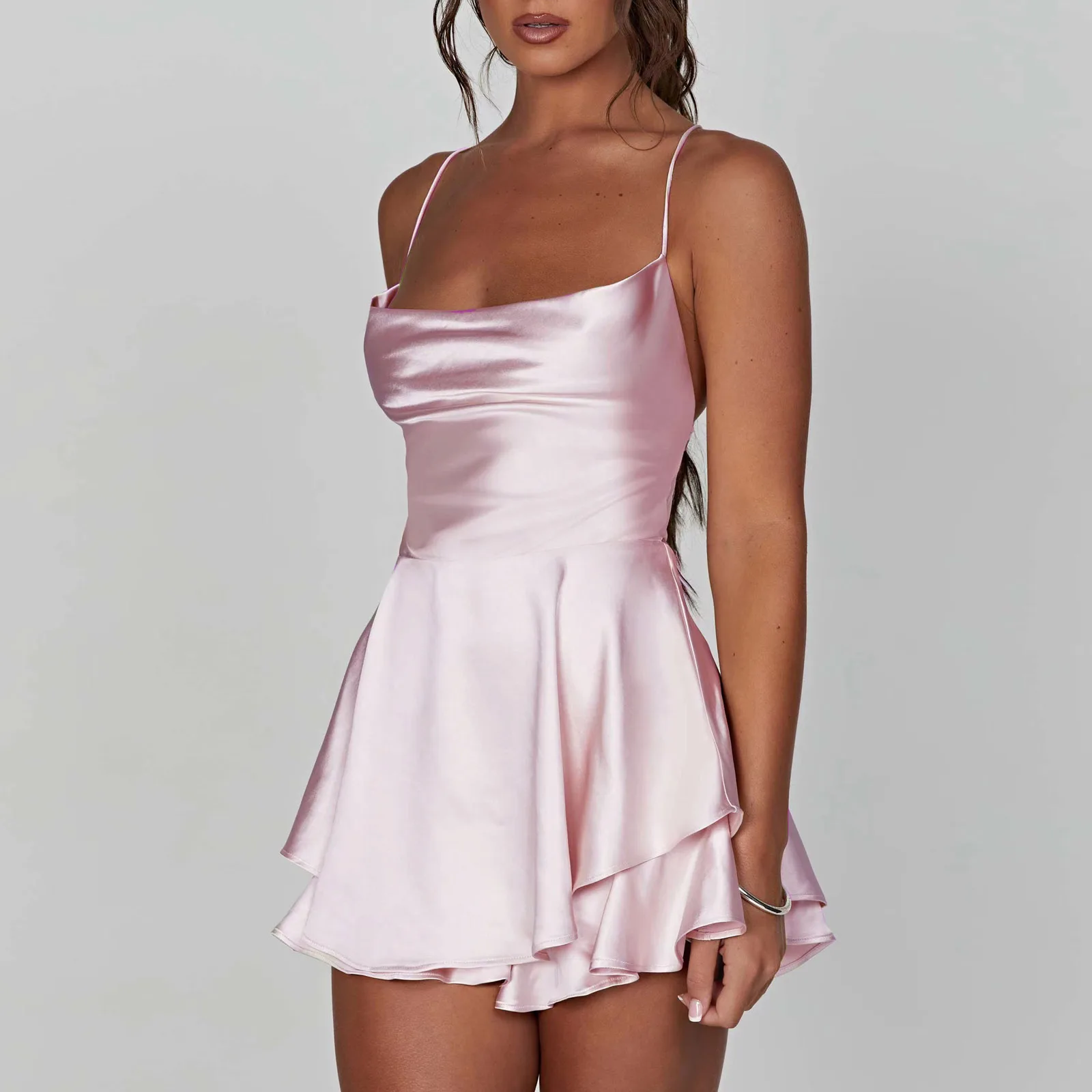 Satin soie femmes Sexy Cami combishorts robe solide col bénitier sans manches combinaisons courtes été croix cravate dos nu barboteuse – Image 10