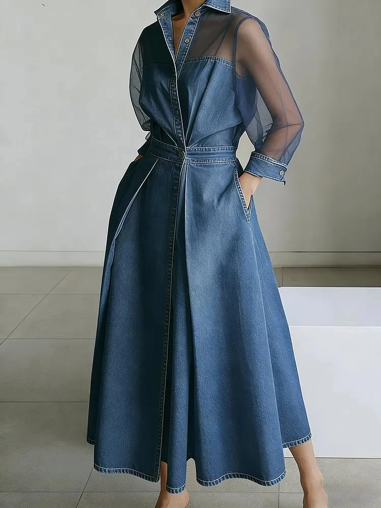 Robe trapèze en jean streetwear pour femme, vêtement d'été, avec manches longues en tulle transparent et col rabattu, style maxi vintage