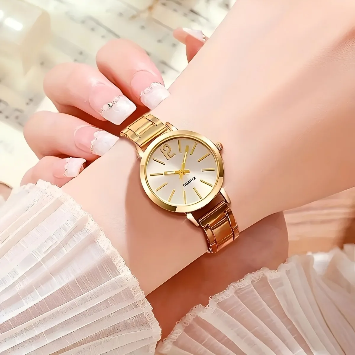 Ensemble de bijoux pour femmes, 6 pièces, montre à quartz tendance + bracelet infini en cristal, collier, boucles d'oreilles, bague pour dames (sans boîte) – Image 5