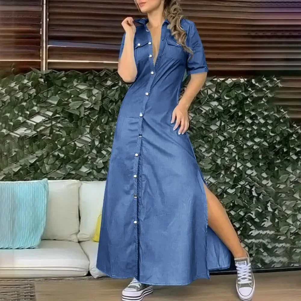 Robe d'été surdimensionnée en Denim pour femmes, grande taille, boutons à revers, couleur unie, ample, fendue, mode décontractée, poche, L-5XL