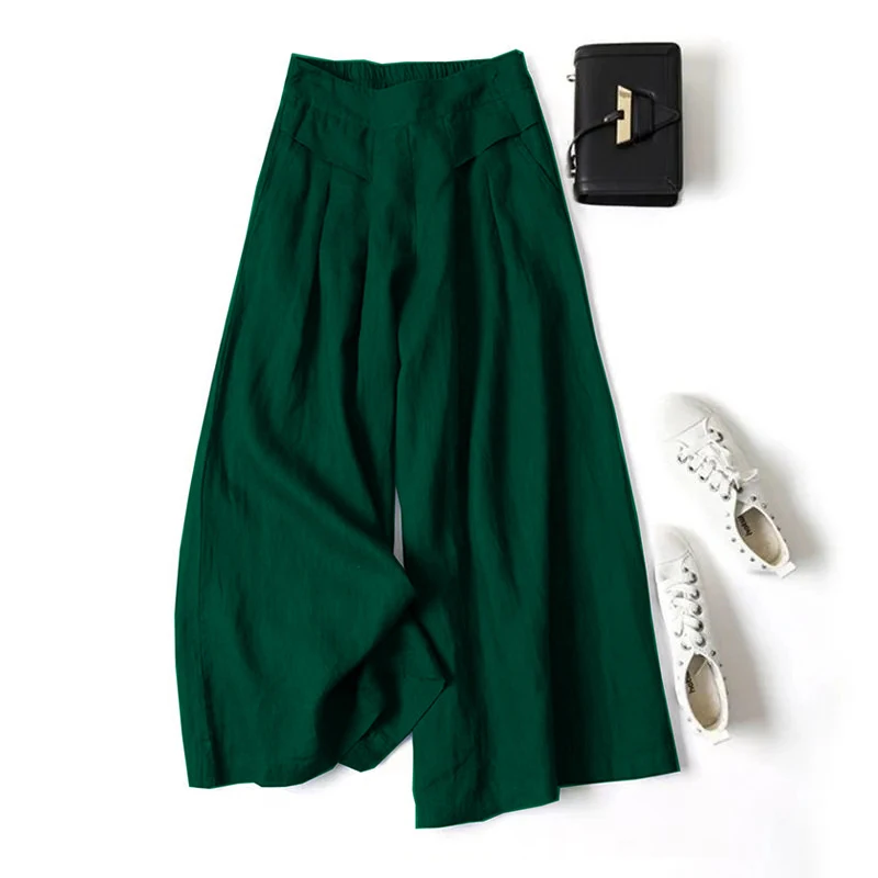 Culottes d'été 2026 pour femmes en coton et lin, pantalon palazzo décontracté à jambe large et taille élastique avec poches – Image 8
