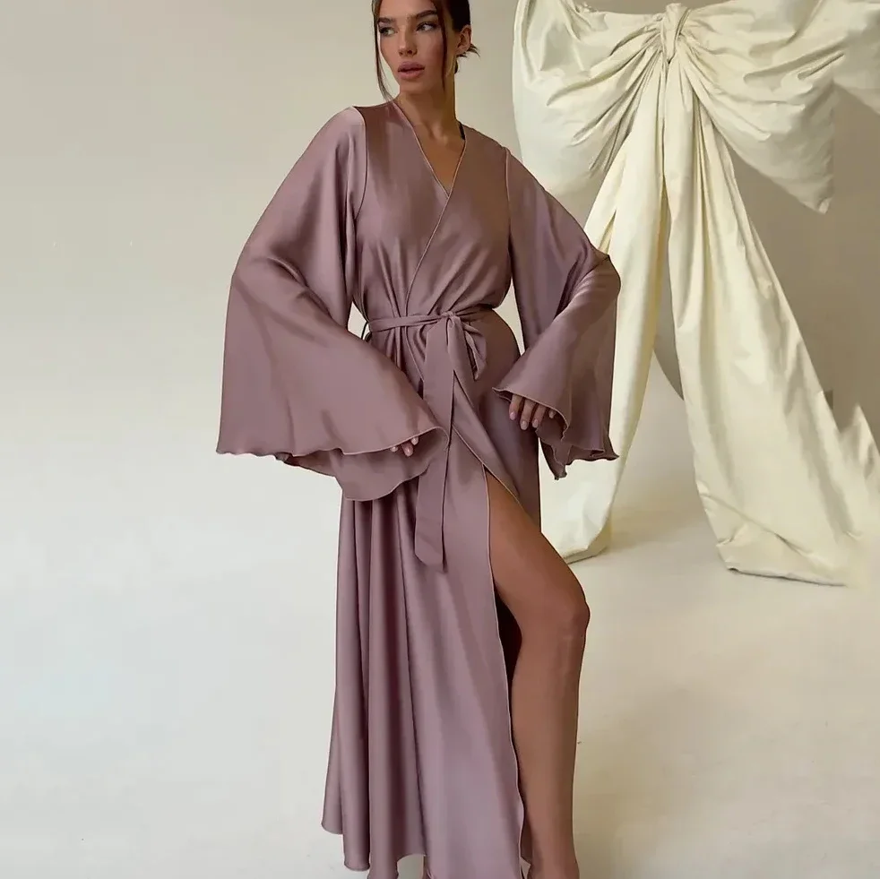 Robe longue élégante pour femme, peignoir kimono à grandes manches, nouvelle collection printemps-été, en soie glacée, nuisette sexy, pyjama – Image 7