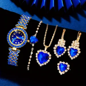 Ensemble de bijoux et de montres élégants pour femmes, montre-bracelet à Quartz avec cadran en strass bleu pour dames, ensemble de montres à bijoux féminins 6 pièces