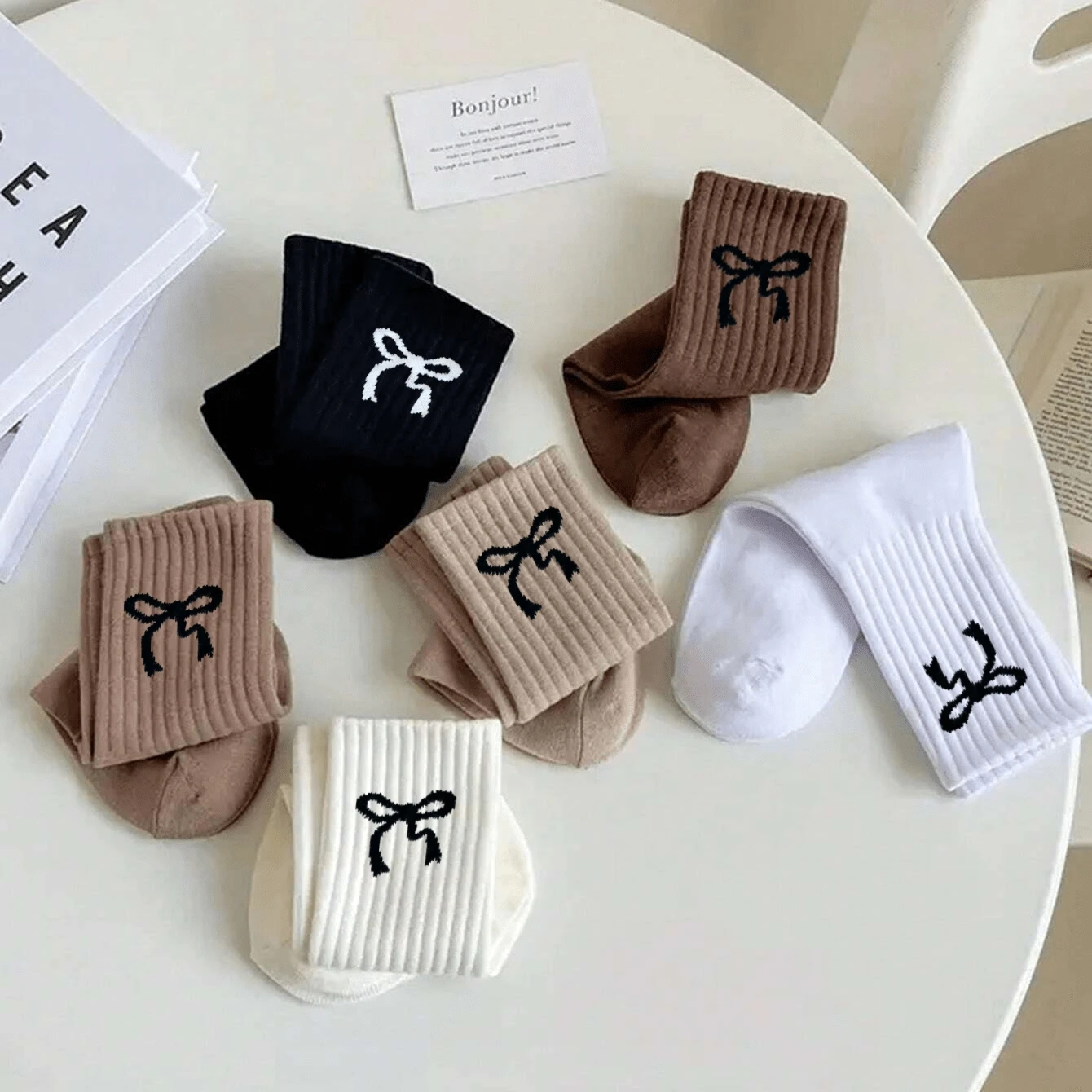 3/5/10 paires de chaussettes pour femmes, chaussettes blanches, nœud confortable, respirant, évacuant l'humidité – Image 2
