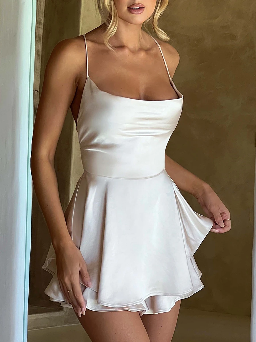 Satin soie femmes Sexy Cami combishorts robe solide col bénitier sans manches combinaisons courtes été croix cravate dos nu barboteuse