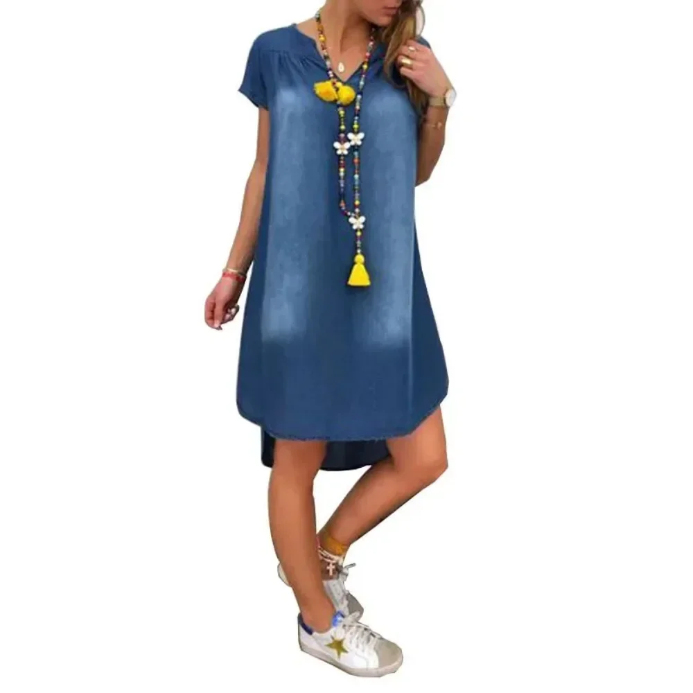 Robe en denim ample à manches courtes pour femmes, robe longue décontractée, mode vintage, grande taille, 1XL-5XL – Image 3