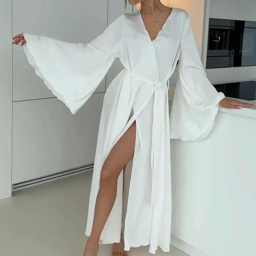 Robe longue élégante pour femme, peignoir kimono à grandes manches, nouvelle collection printemps-été, en soie glacée, nuisette sexy, pyjama – Image 11