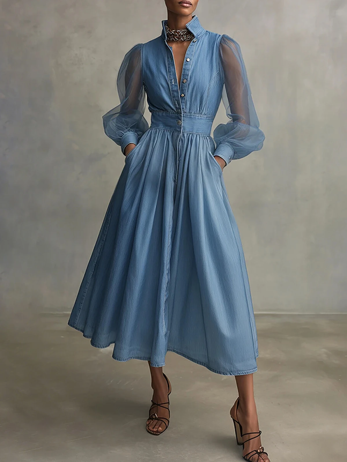 Robe midi élégante pour femme en faux denim, manches bouffantes transparentes, col montant, boutonnée, taille haute, coupe trapèze avec poches pour le printemps – Image 5