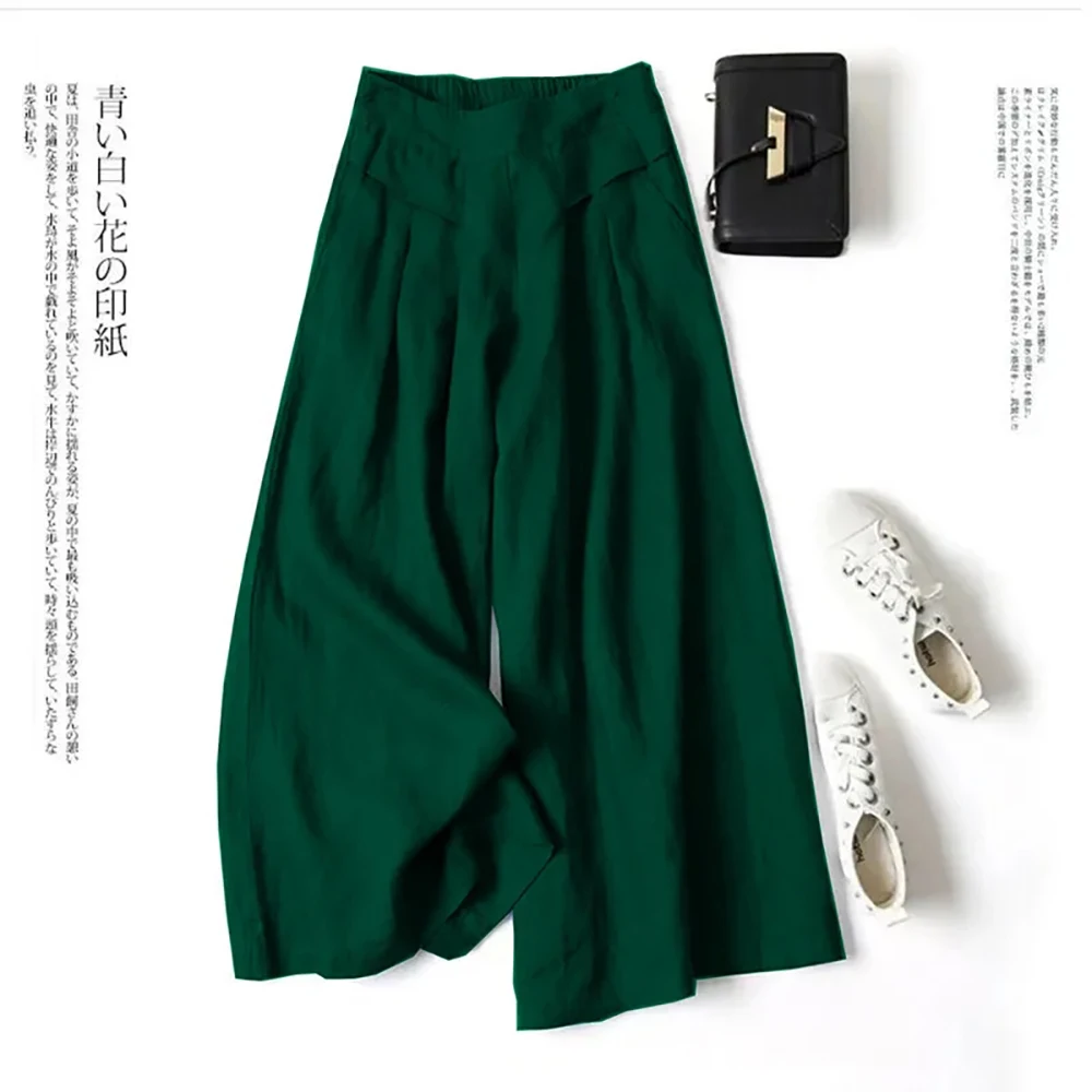 Culottes d'été 2026 pour femmes en coton et lin, pantalon palazzo décontracté à jambe large et taille élastique avec poches – Image 2