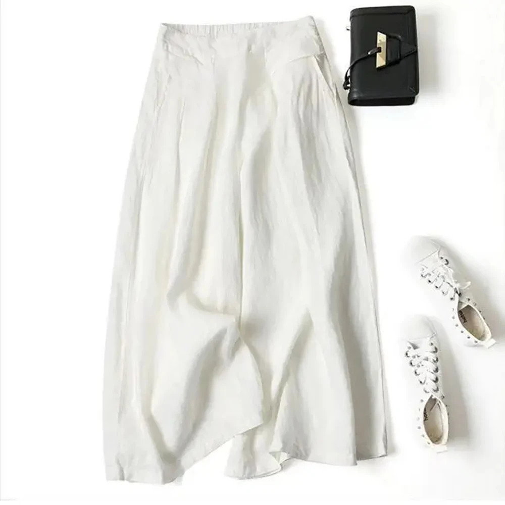 Culottes d'été 2026 pour femmes en coton et lin, pantalon palazzo décontracté à jambe large et taille élastique avec poches – Image 4
