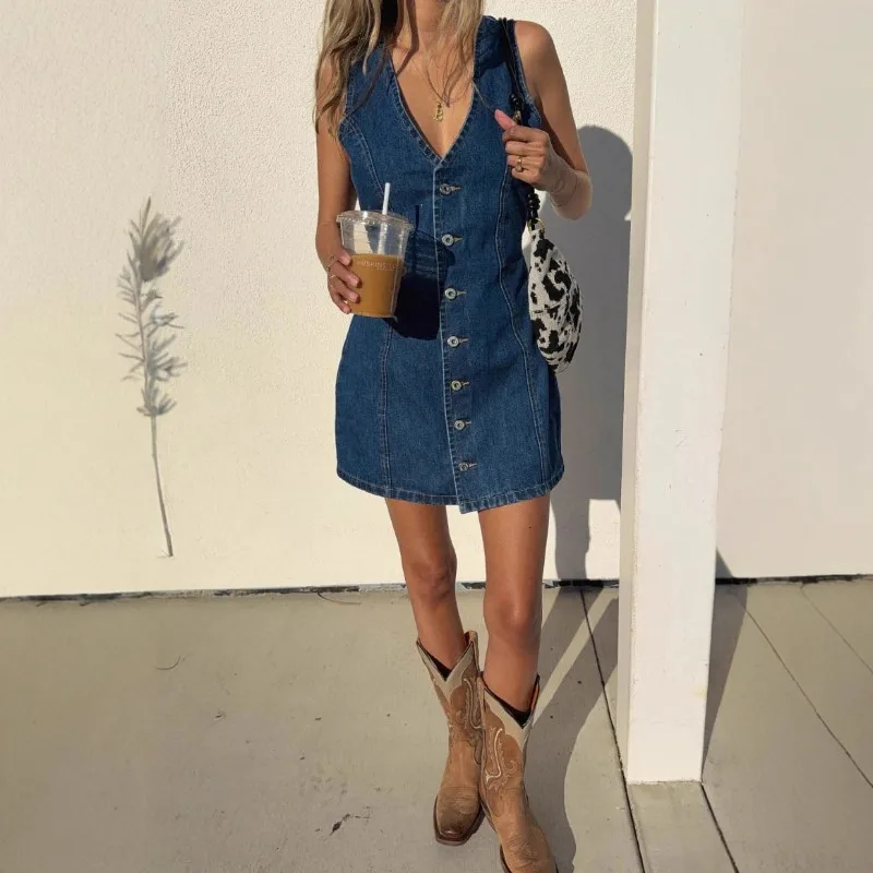 Robe Courte en Jean Vintage sans Manches à Col en V, Boutons Simples, Taille à Nouer, Coupe Slim, Décontractée, pour Femme, Été, Quotidienne, Style Streetwear – Image 2