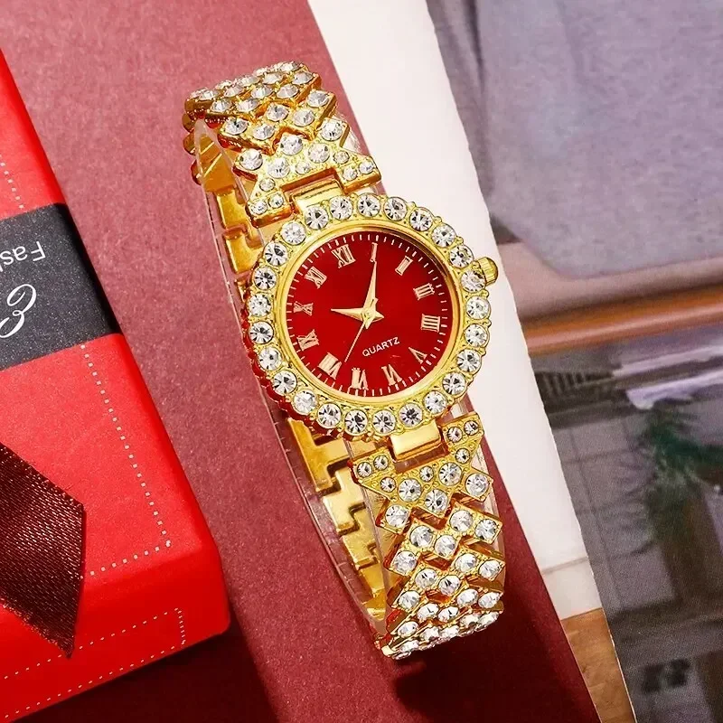 Montre de Luxe Dorée pour Femme, Ensemble de Bijoux, Bague, Collier, Boucles d'Oreilles, Strass, à la Mode, Décontractée – Image 4