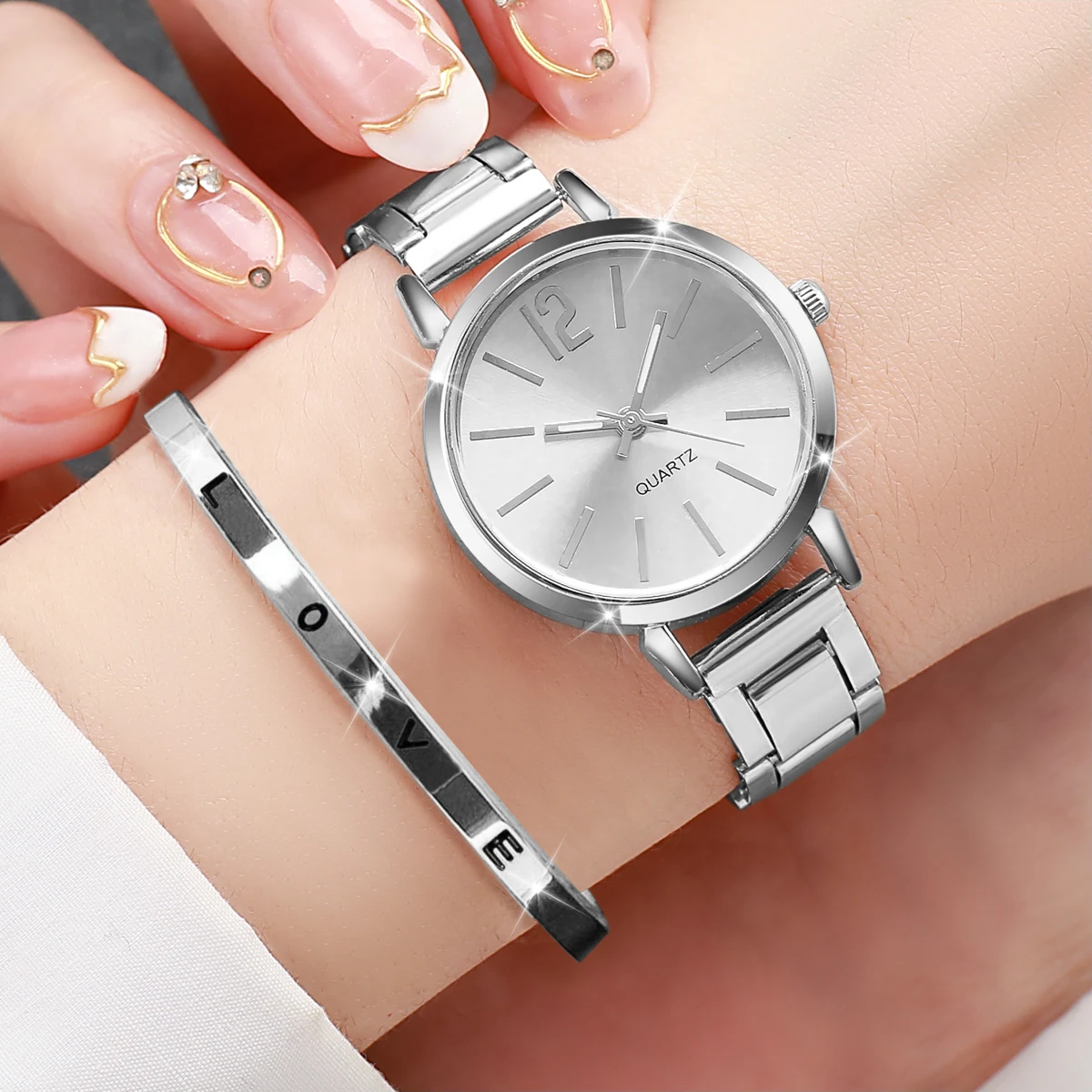 2 pièces montre pour femme mode or acier bande Quartz montre-Bracelet ouverture manchette Bracelet ensemble – Image 3