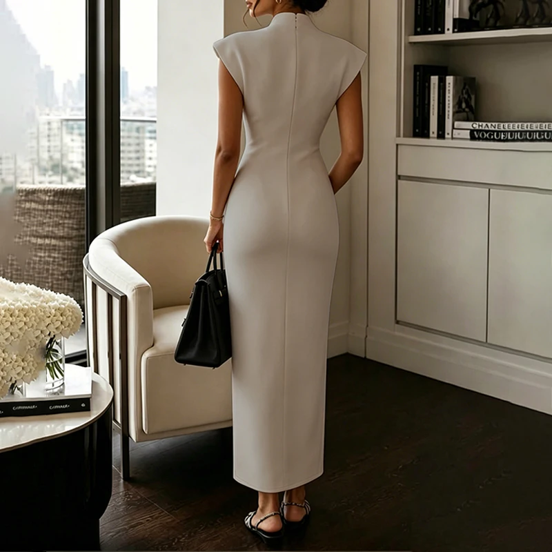 Robes longues élégantes BKLD pour femmes, col montant uni, col en V, sans manches, style fourreau, pour le soir et les fêtes, vêtements de caractère – Image 6
