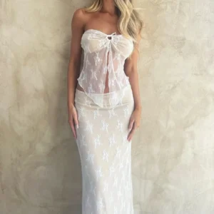 Combhasaki – tenue d'été 2 pièces pour femmes, sans bretelles, cordon de serrage, dentelle fendue, bustier tubulaire irrégulier + jupe crayon longue taille basse, ensemble robe