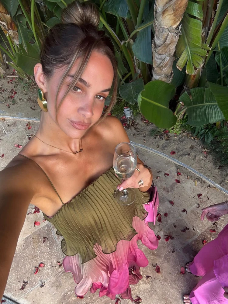 Robe longue plissée multicolore chic pour femme, élégante, à fines bretelles, volants superposés, fluide, style Vestidos, tenue de vacances d'été 2026 pour femme – Image 3