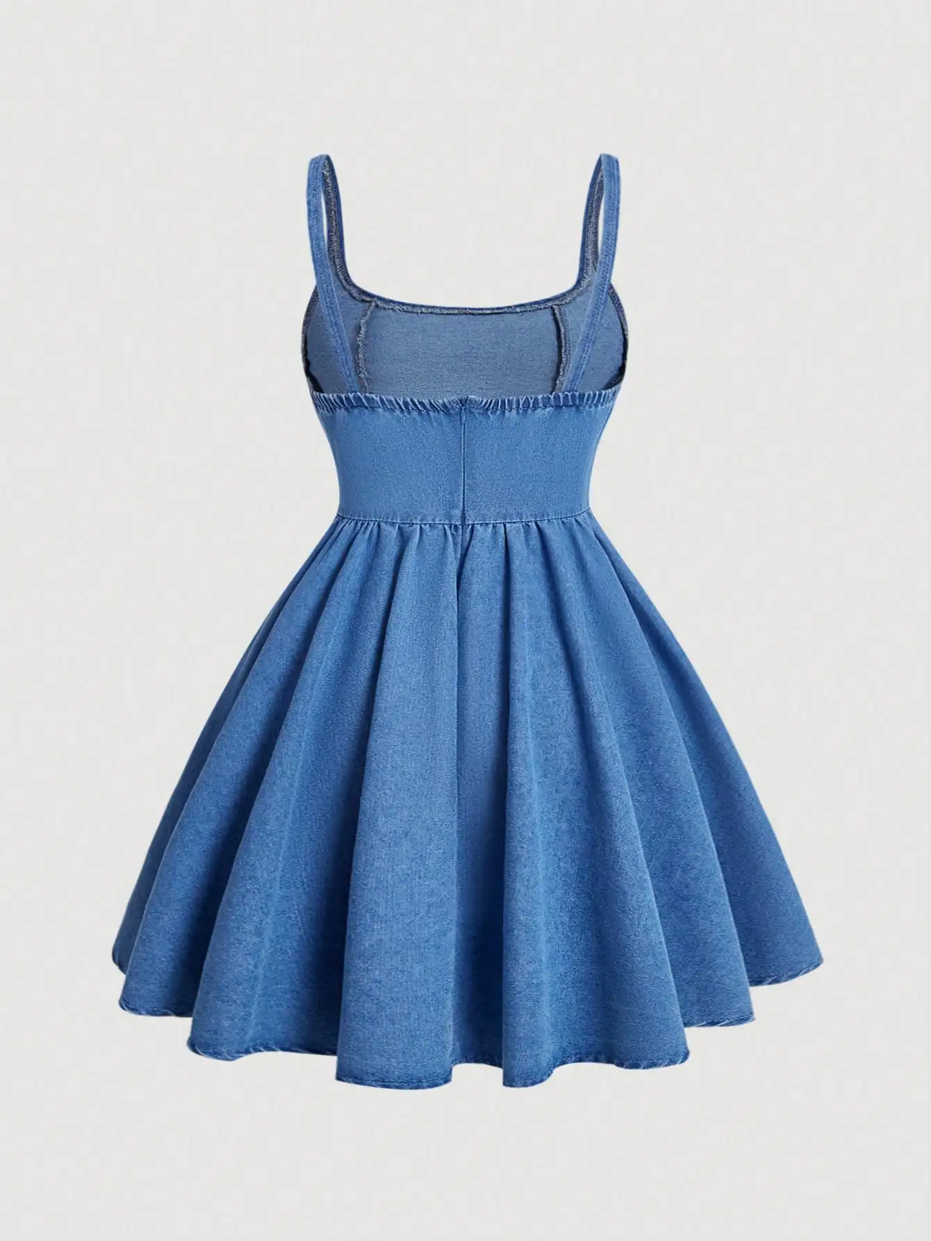 Robe en jean vintage à taille chevrons, jupe trapèze taille haute à fines bretelles, robe courte bouffante style parapluie, mode rétro – Image 2