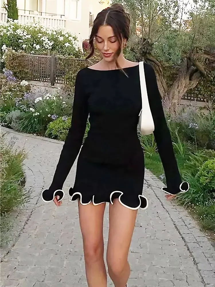 Robe en tricot slim pour femmes, sexy, à la mode, taille haute, jupe de soirée, enveloppée de hanches, bord à volants, jupe courte, automne – Image 7