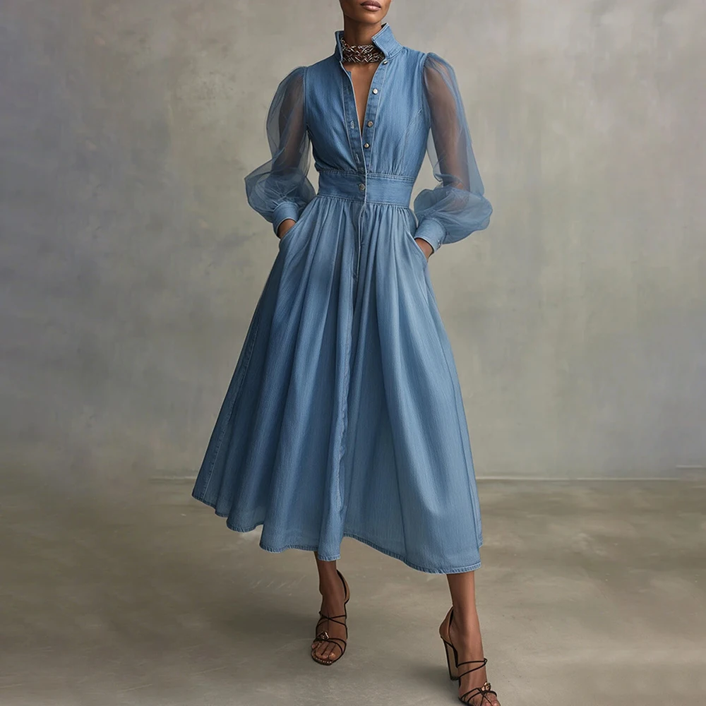 Robe midi élégante pour femme en faux denim, manches bouffantes transparentes, col montant, boutonnée, taille haute, coupe trapèze avec poches pour le printemps