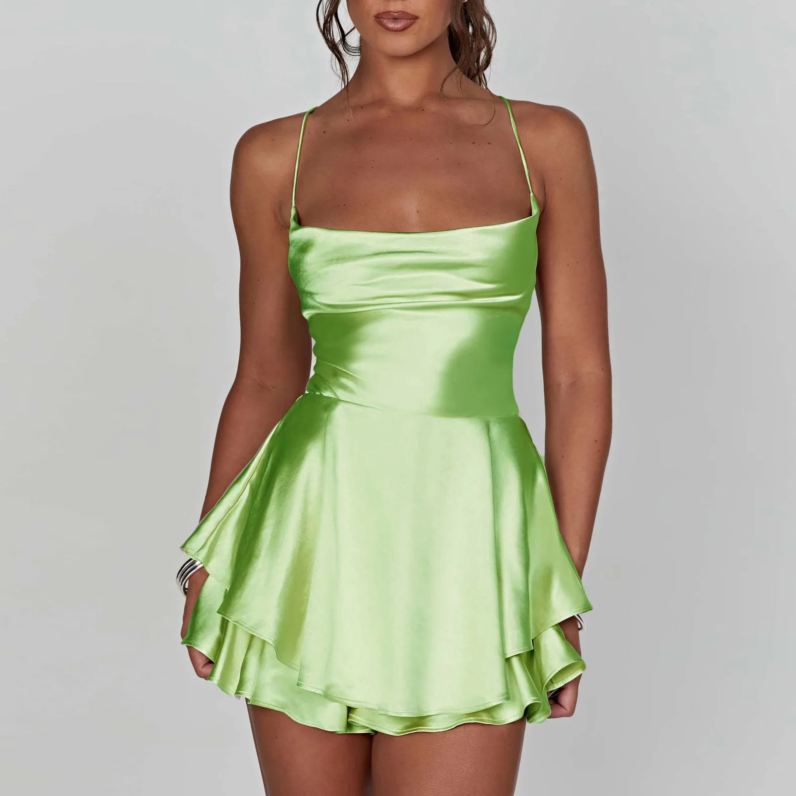 Satin soie femmes Sexy Cami combishorts robe solide col bénitier sans manches combinaisons courtes été croix cravate dos nu barboteuse – Image 11