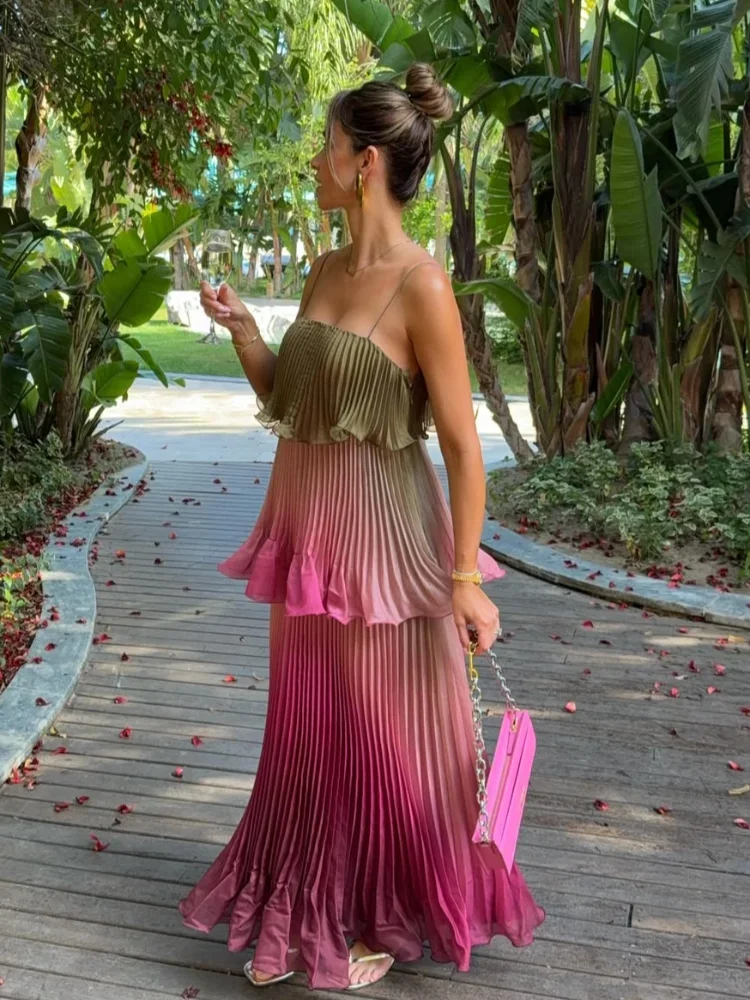 Robe longue plissée multicolore chic pour femme, élégante, à fines bretelles, volants superposés, fluide, style Vestidos, tenue de vacances d'été 2026 pour femme – Image 2