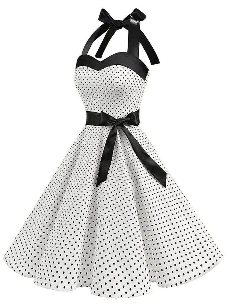 Femmes à pois imprimé Robe d'été Sexy rétro blanc licou Robe Vintage Robe Femme Pin Up Rockabilly Robe de soirée – Image 2