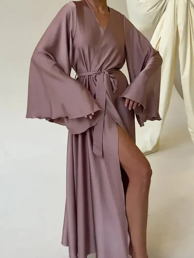 Robe longue élégante pour femme, peignoir kimono à grandes manches, nouvelle collection printemps-été, en soie glacée, nuisette sexy, pyjama