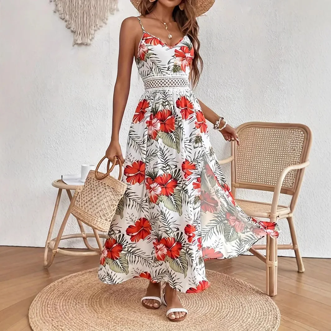 Robe longue ample pour femmes, col en V, à bretelles, style bohème, imprimée, avec fente à l'ourlet, nouvelle collection été, style plage et villégiature – Image 3
