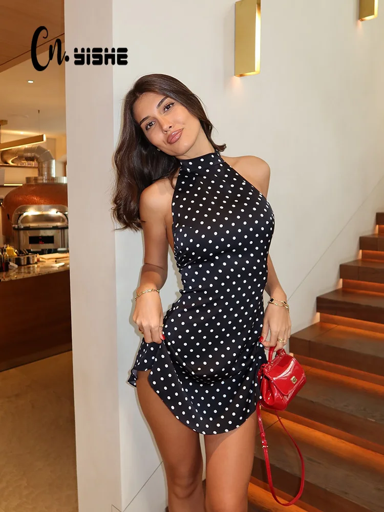 CNYISHE Dot imprime licou dos nu sans manches élégant tenues de fête femmes robes été gaine mode femme moulante à la mode