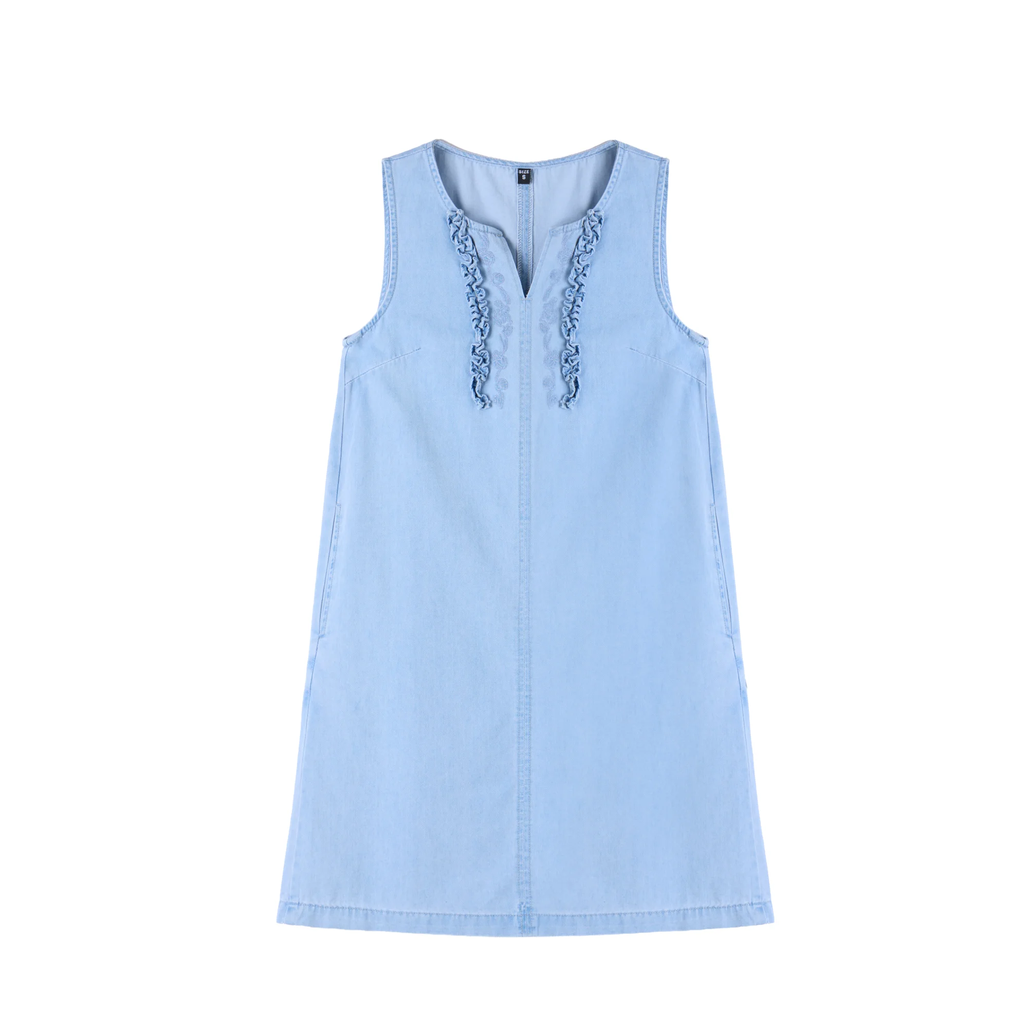 Robe en jean sans manches bleu clair style français avec broderie florale 3D pour femme – Robe d'été streetwear en jean pour femme – Image 6