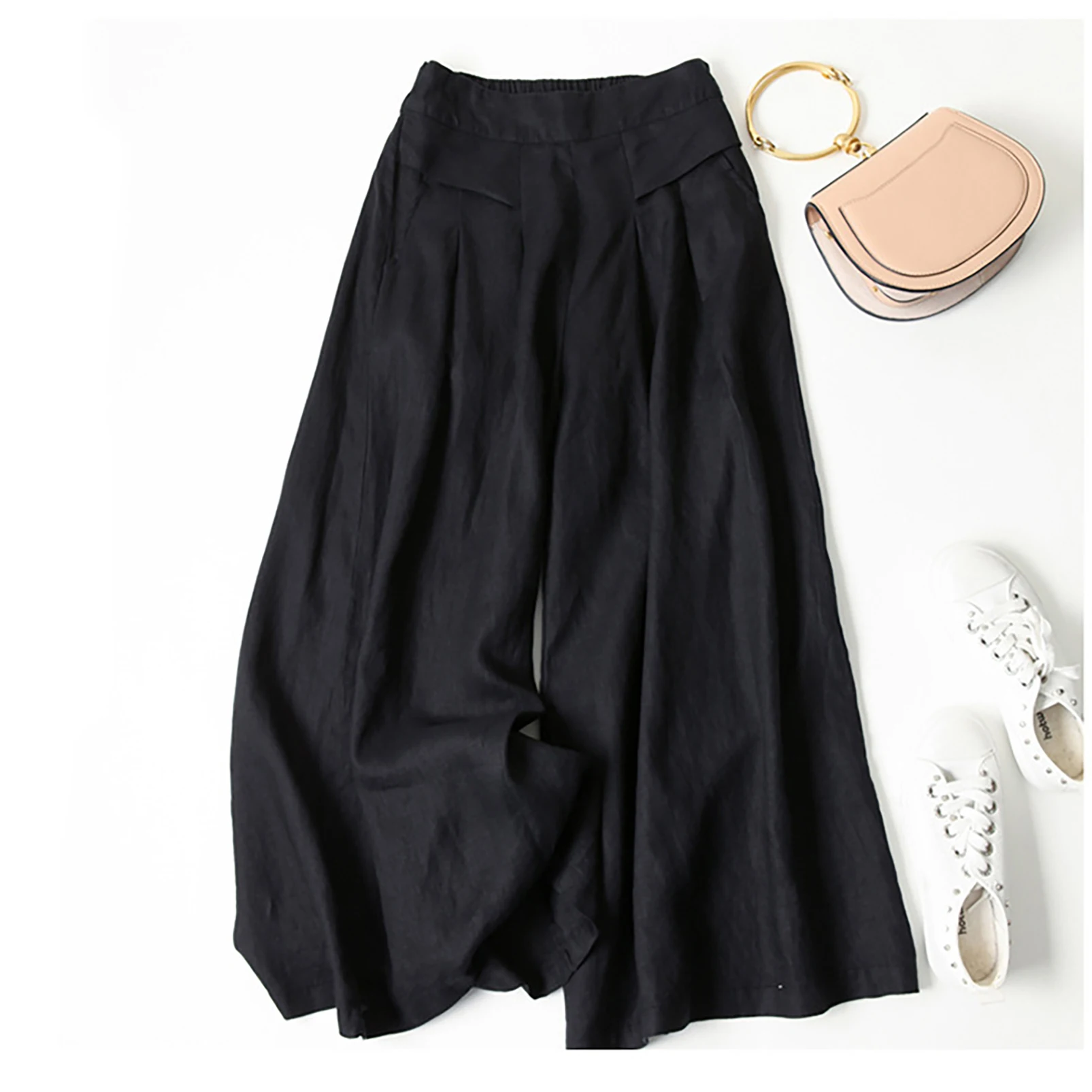 Culottes d'été 2026 pour femmes en coton et lin, pantalon palazzo décontracté à jambe large et taille élastique avec poches – Image 7