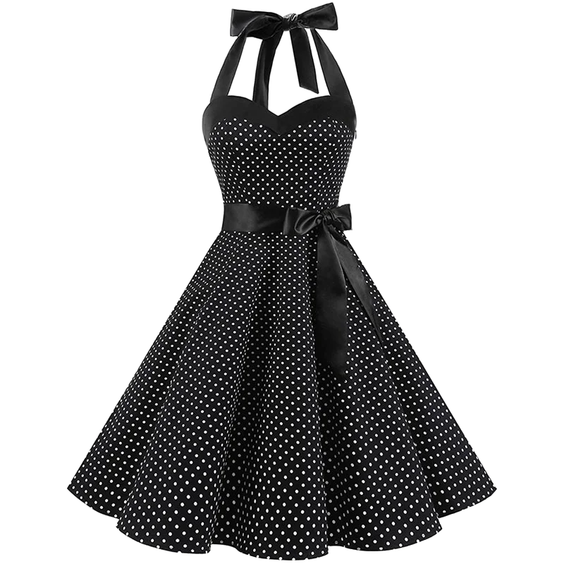 Femmes à pois imprimé Robe d'été Sexy rétro blanc licou Robe Vintage Robe Femme Pin Up Rockabilly Robe de soirée – Image 11