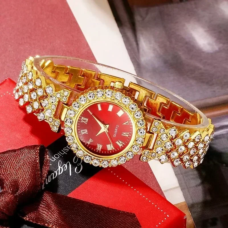 Montre de Luxe Dorée pour Femme, Ensemble de Bijoux, Bague, Collier, Boucles d'Oreilles, Strass, à la Mode, Décontractée – Image 5