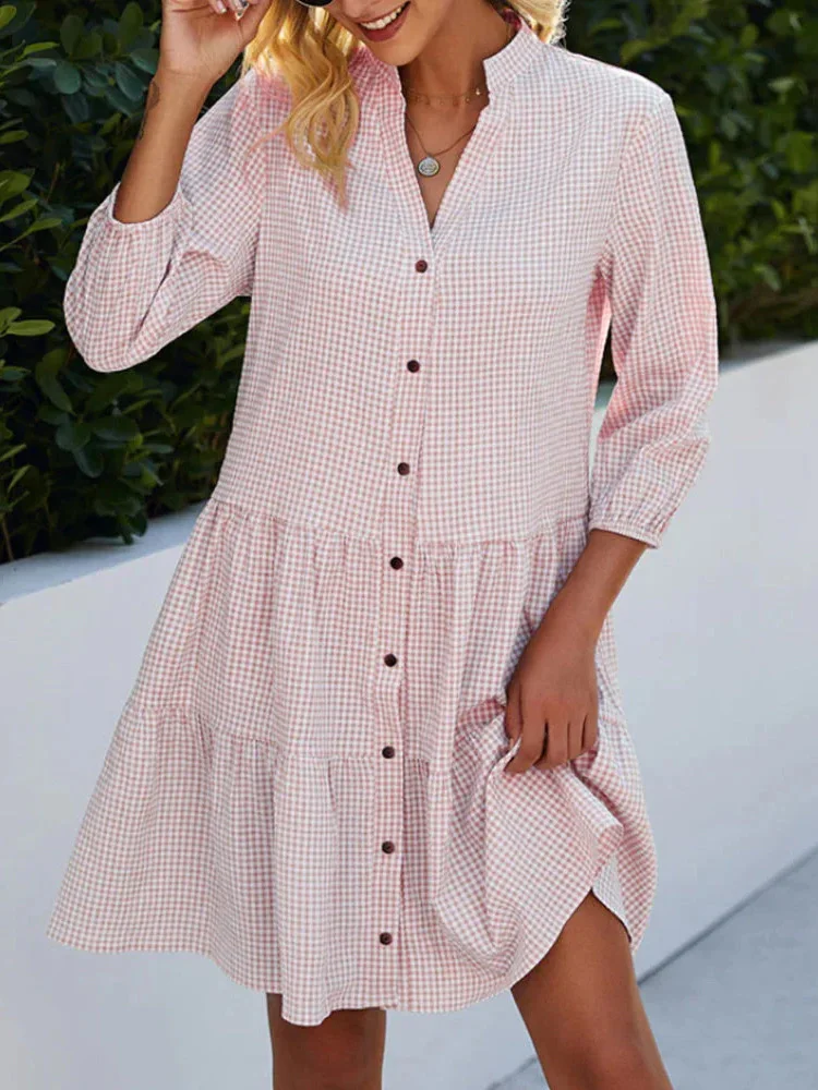 Mini robe à carreaux légère pour femmes, robes de style chemise, manches longues, col en V, printemps, automne – Image 2