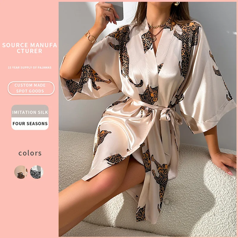 Robe de Nuit Sexy en Satin pour Femme, Col en V, avec Ceinture, Kimono Court, Vêtements de Nuit, Peignoir de Demoiselle d'Honneur – Image 2