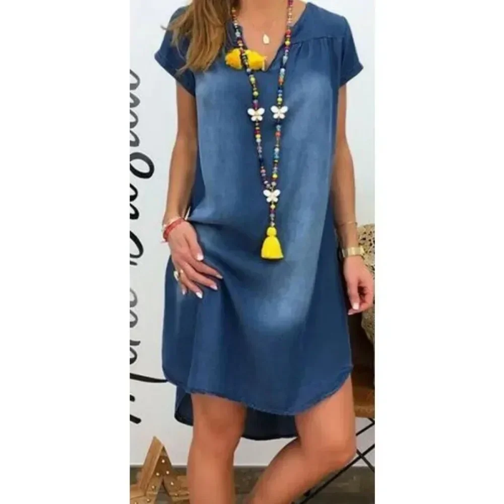 Robe en denim ample à manches courtes pour femmes, robe longue décontractée, mode vintage, grande taille, 1XL-5XL – Image 4