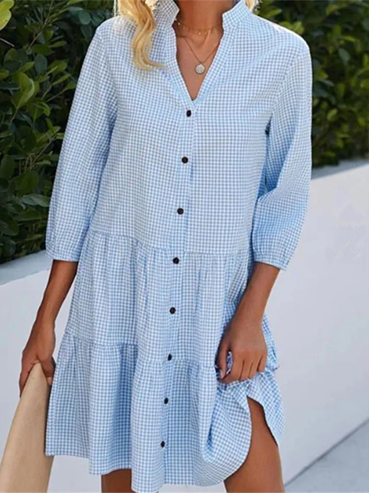 Mini robe à carreaux légère pour femmes, robes de style chemise, manches longues, col en V, printemps, automne – Image 4