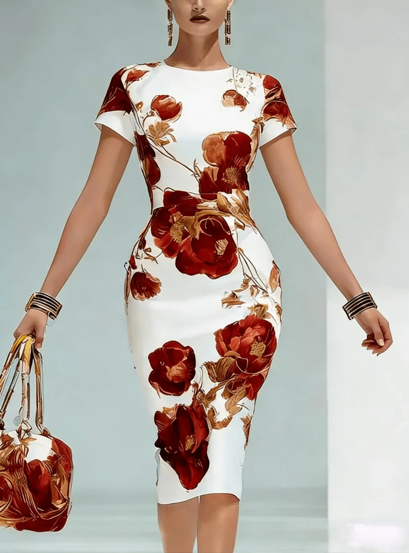 Robe mi-longue moulante à imprimé floral rouge et or pour femmes, col en V, élégante pour le travail et les soirées – Image 2