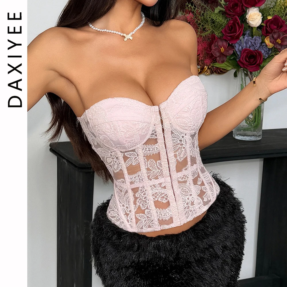 Corset transparent en dentelle et maille, Sexy, dos croisé, Bandage, Bustier Slim, transparent, épaules dénudées, Camisole de fête en Club