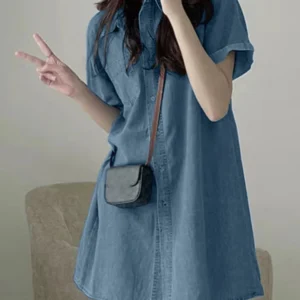 ZANZEA-Robe Chemise en Denim pour Femme, Col à Revers, Manches Courtes, Été 2024