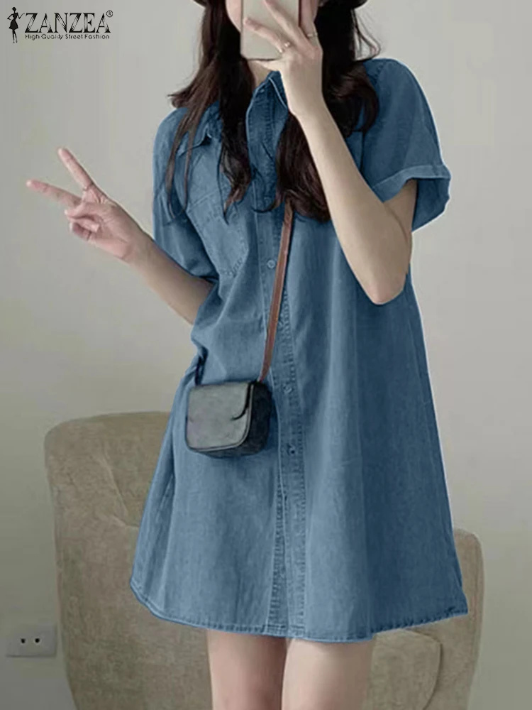 ZANZEA-Robe Chemise en Denim pour Femme, Col à Revers, Manches Courtes, Été 2024