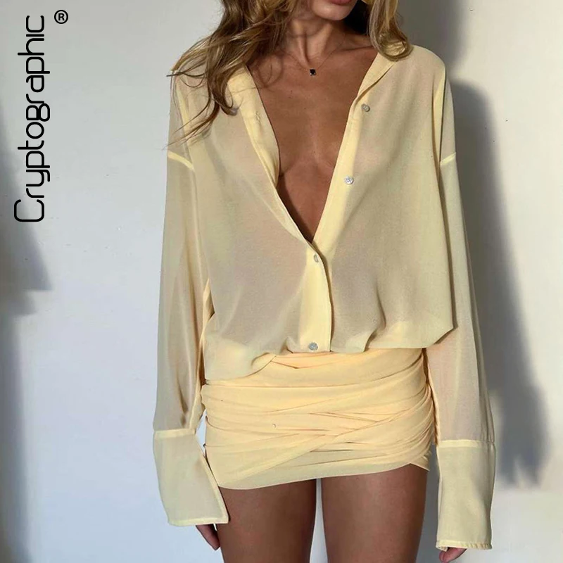 Cryptographic-Mini robe chemise transparente à manches évasées, robes bandage à revers froncé, tenues sexy, vêtements de soirée club, mode