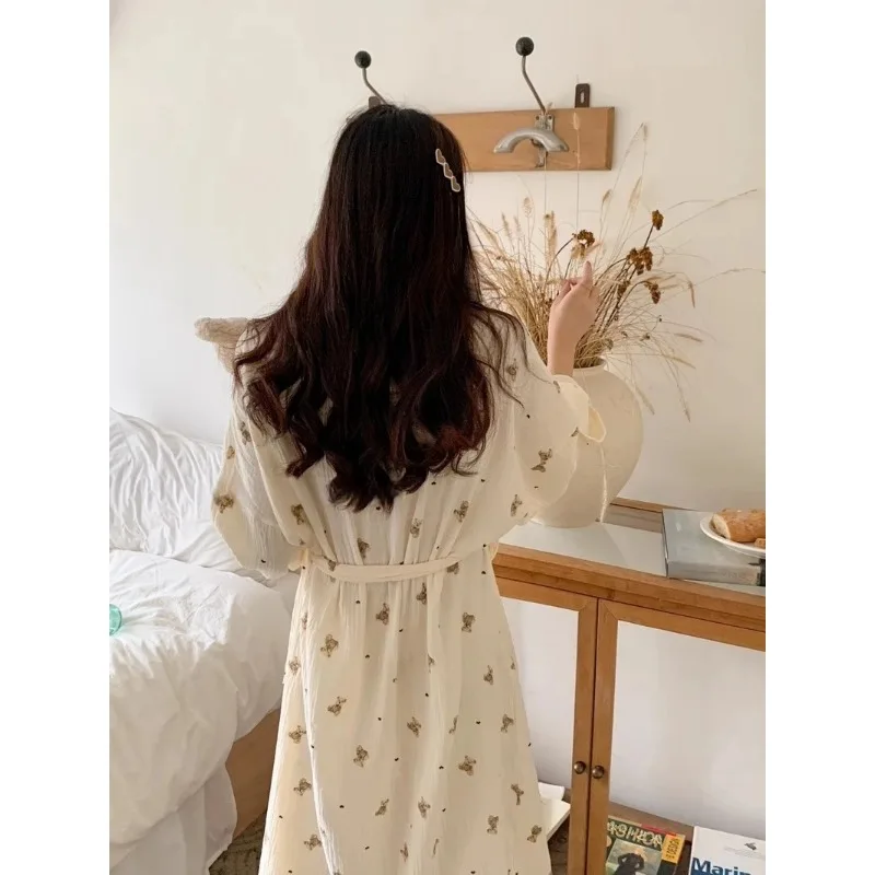 Femmes Robe de bain dessin animé mignon ours imprimé peignoir chemise de nuit Cardigan à manches longues chemise de nuit grande taille vêtements de détente chemise de nuit Ro – Image 6